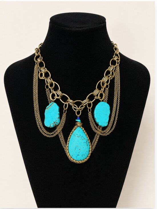 Jewelry - Boho Turquoise Statement Necklace Gold Tone Layered Chain Bib Necklace